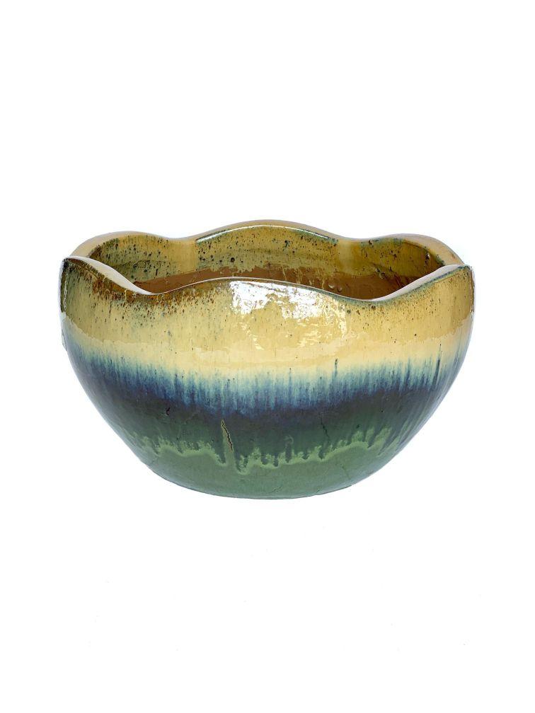 Cream Apple Green Ceramic Wavy Rim Low Bowl | Ten Thousand Pots