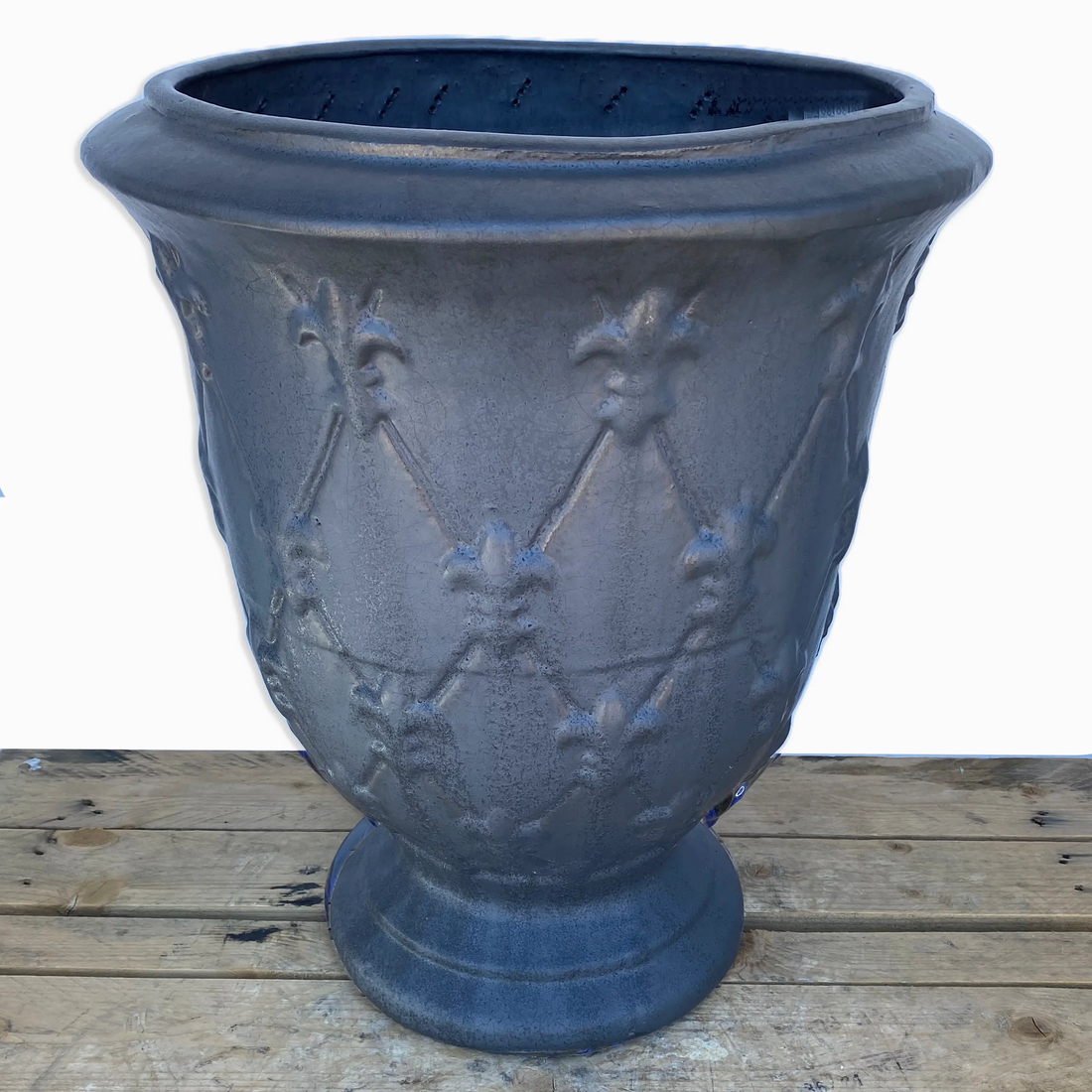 Black urn flower pot with embossed fleur-de-lis design