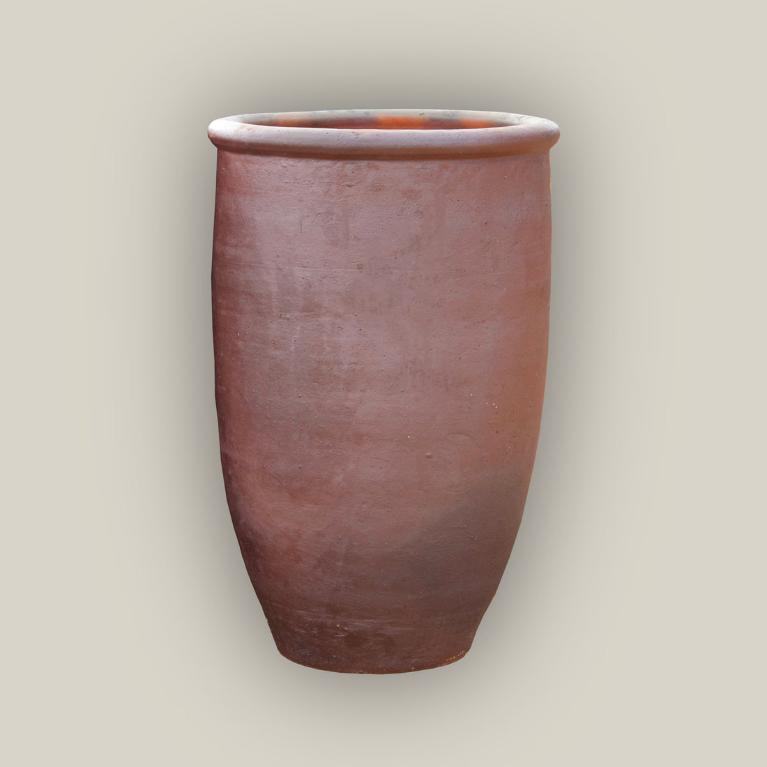 Tall rustic tapered cylinder planter in glazed clay