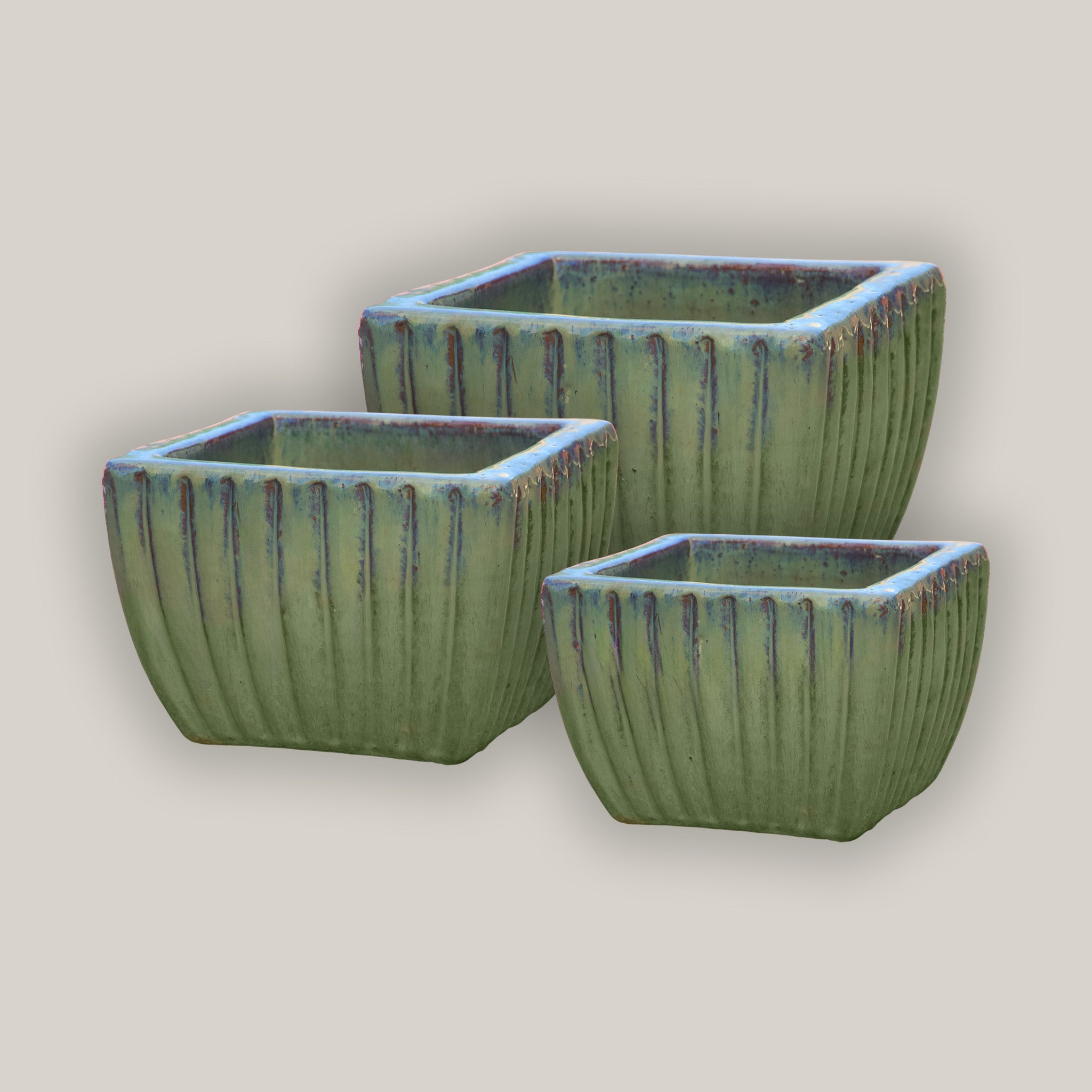 9829C18 - Gray Garden Tapered Square Ceramic Ribbed Planter - Low