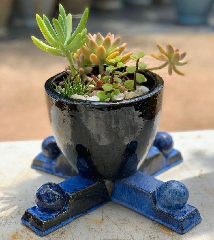 Blue Ceramic Pot Feet and plant | Ten Thousand Pots