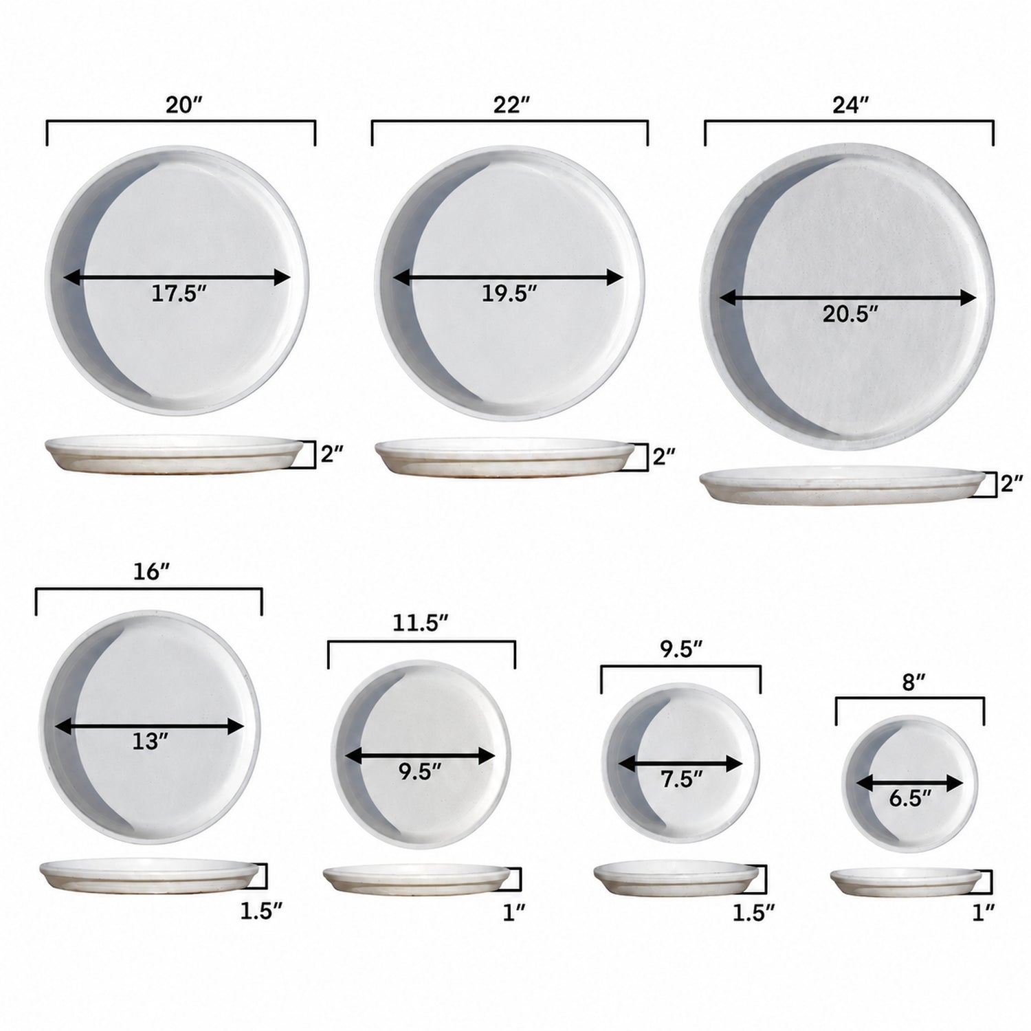 Round White Ceramic Plant Saucer Sizes 8"-24"