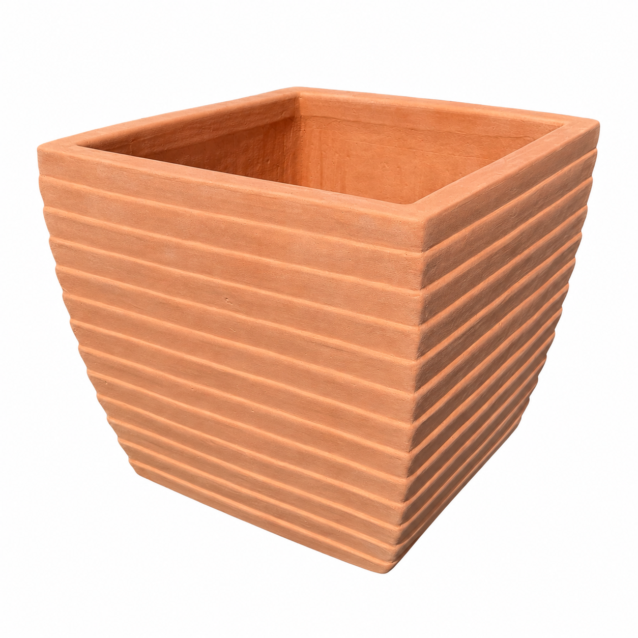 A square terracotta planter with a ribbed exterior and open top, shown on a plain white background.