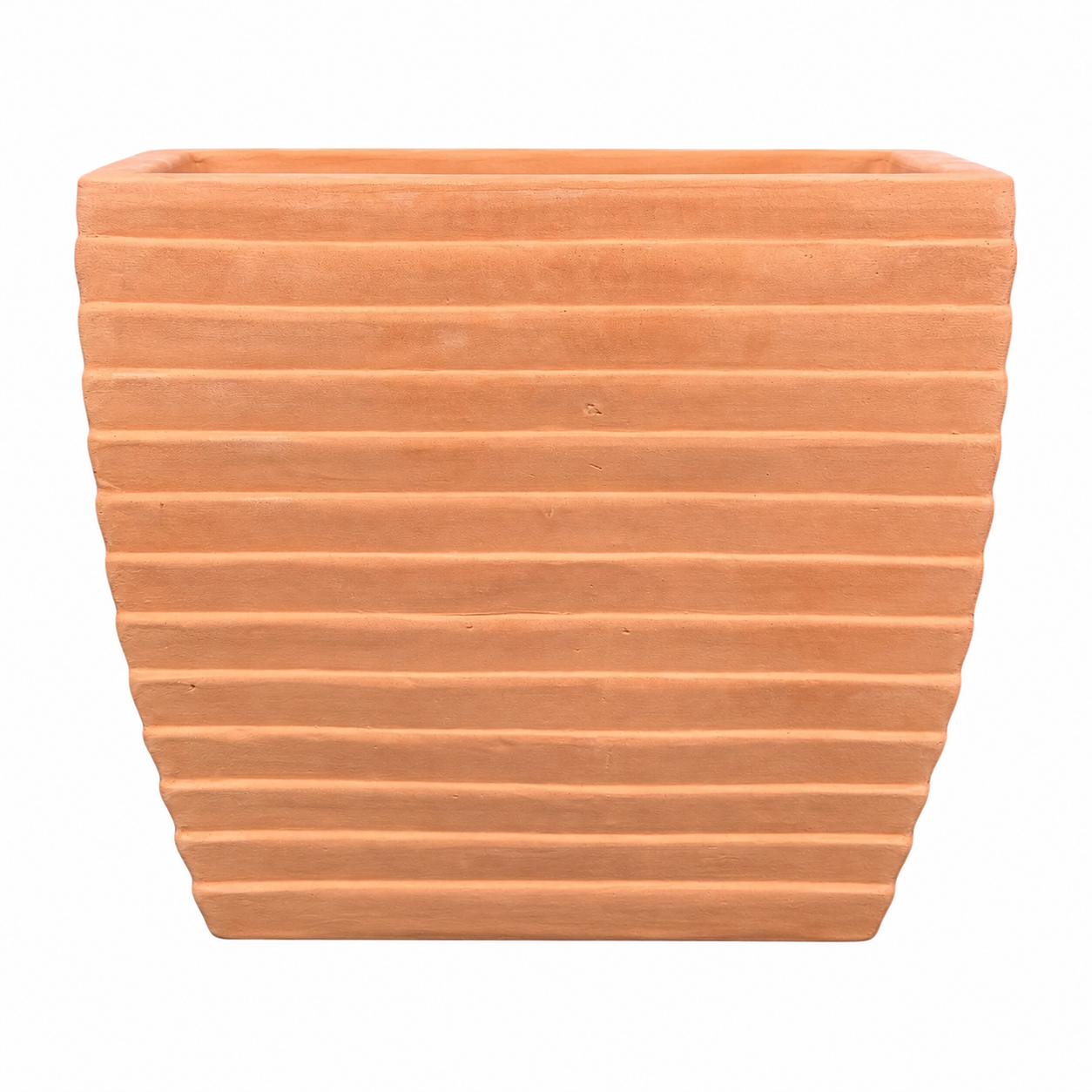 Terracotta square planter with horizontal ridges, shown against a plain white background.