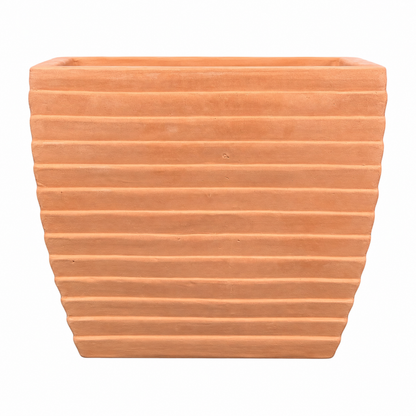 Terracotta square planter with horizontal ridges, shown against a plain white background.