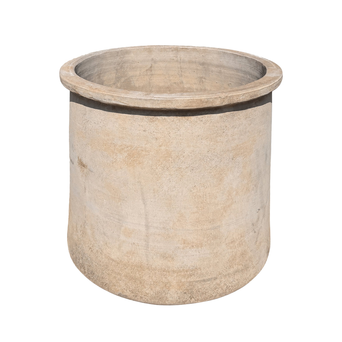 A rustic, cylindrical concrete planter pot with a wide flared rim, shown on a solid white background.