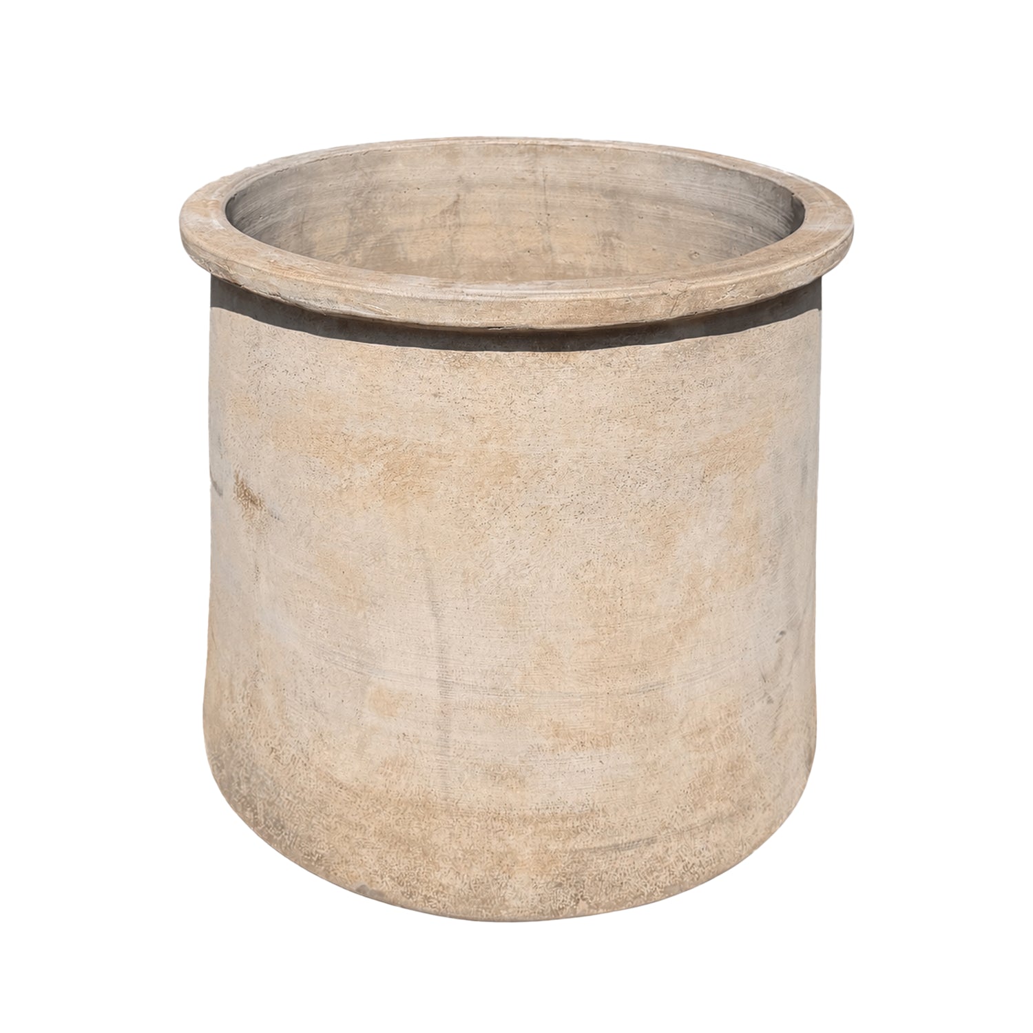 A rustic, cylindrical concrete planter pot with a wide flared rim, shown on a solid white background.