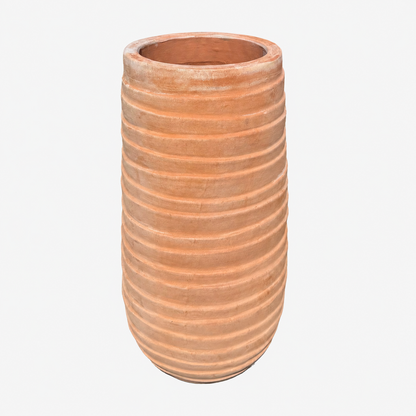 A terracotta planter with a ribbed, fluted texture, shown against a plain white background.