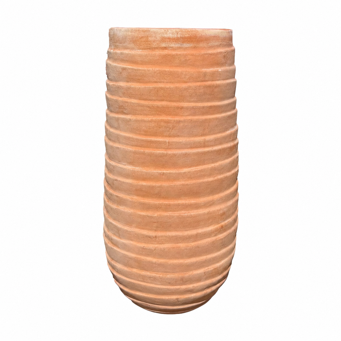 A terracotta pot with a ribbed, fluted texture, shown against a plain white background.