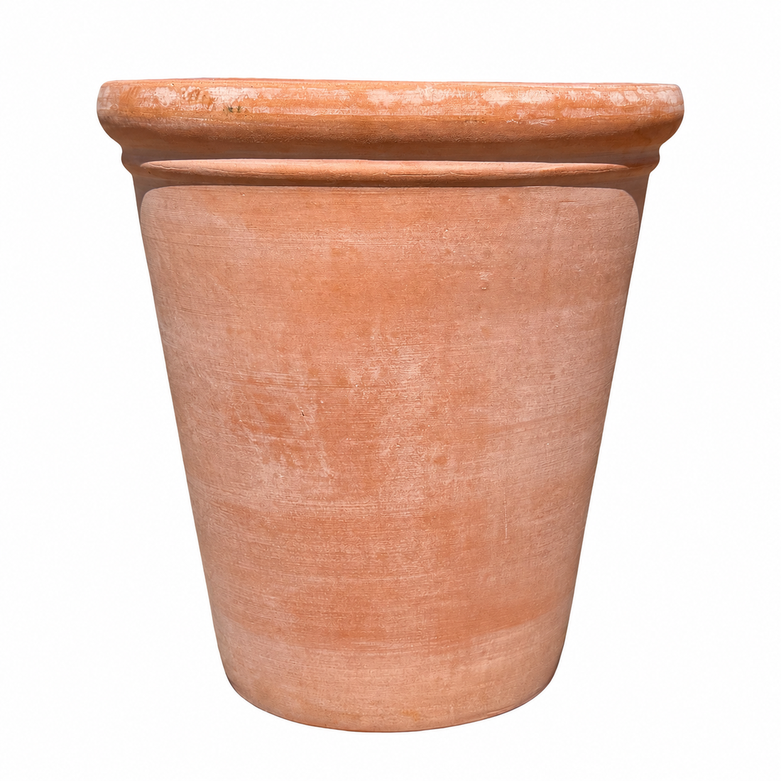 A classic terracotta planter with a wide, flared rim and conical shape, shown against a plain white background.