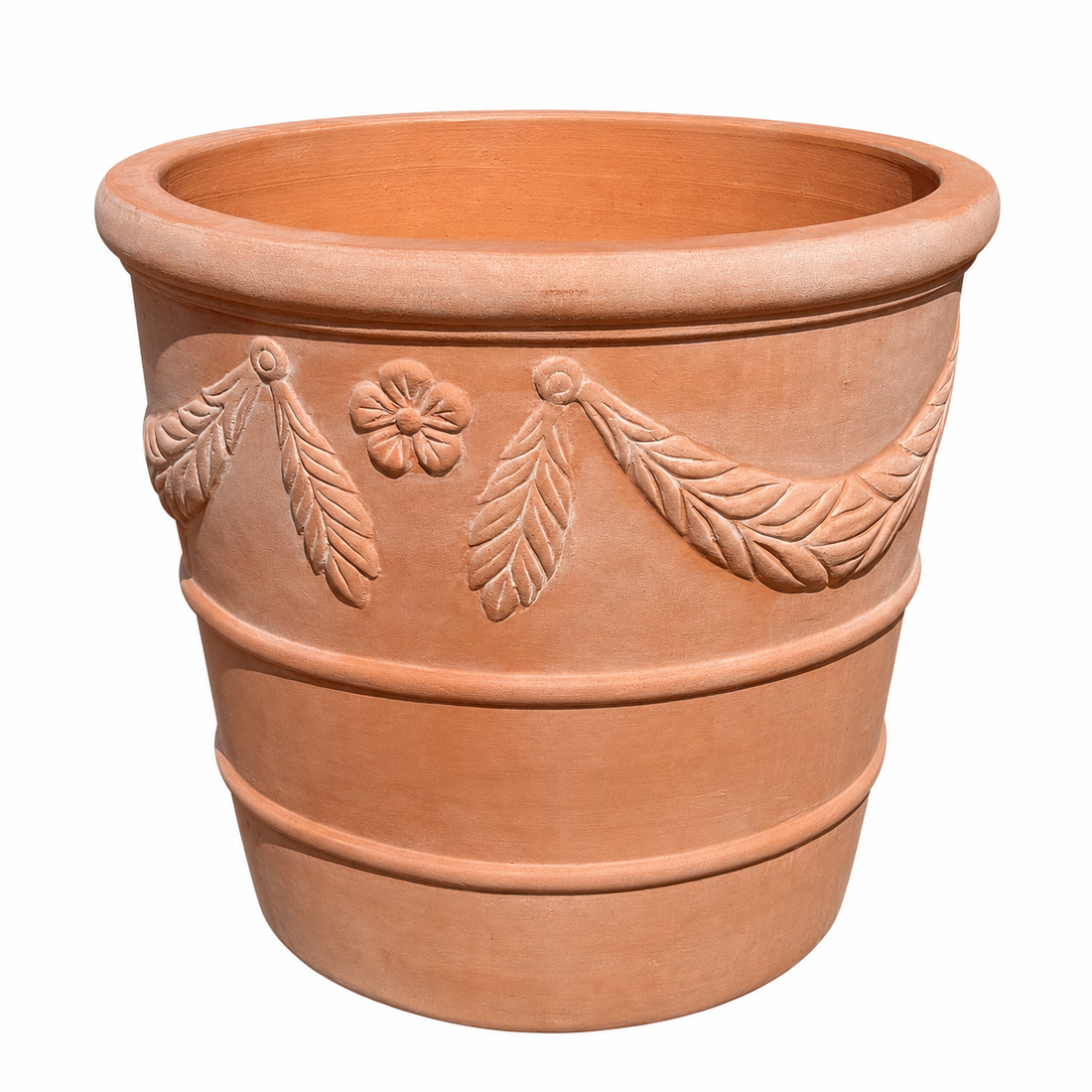 A terracotta pot with embossed decorative leaf garlands and a small flower motif on the front, set against a plain white background.