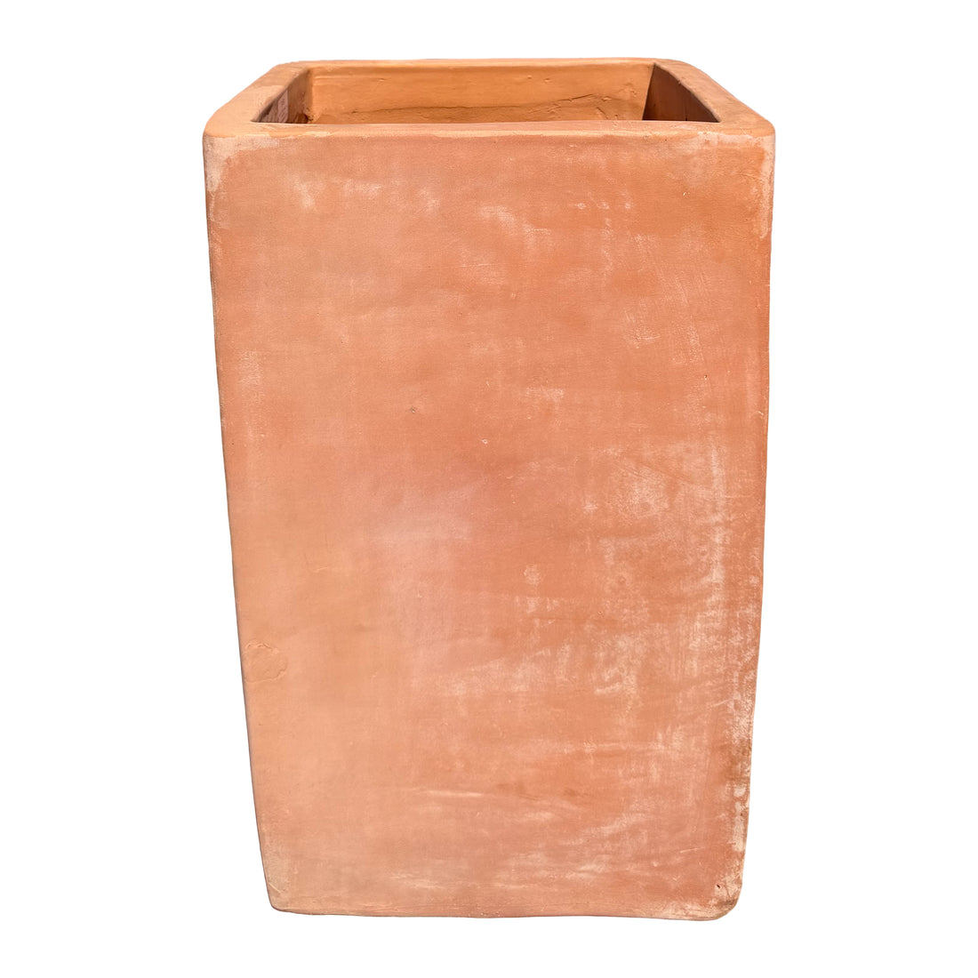 A tall, rectangular terracotta pot with a rustic, matte finish, shown against a plain white background.