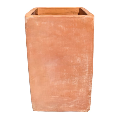 A tall, rectangular terracotta pot with a rustic, matte finish, shown against a plain white background.