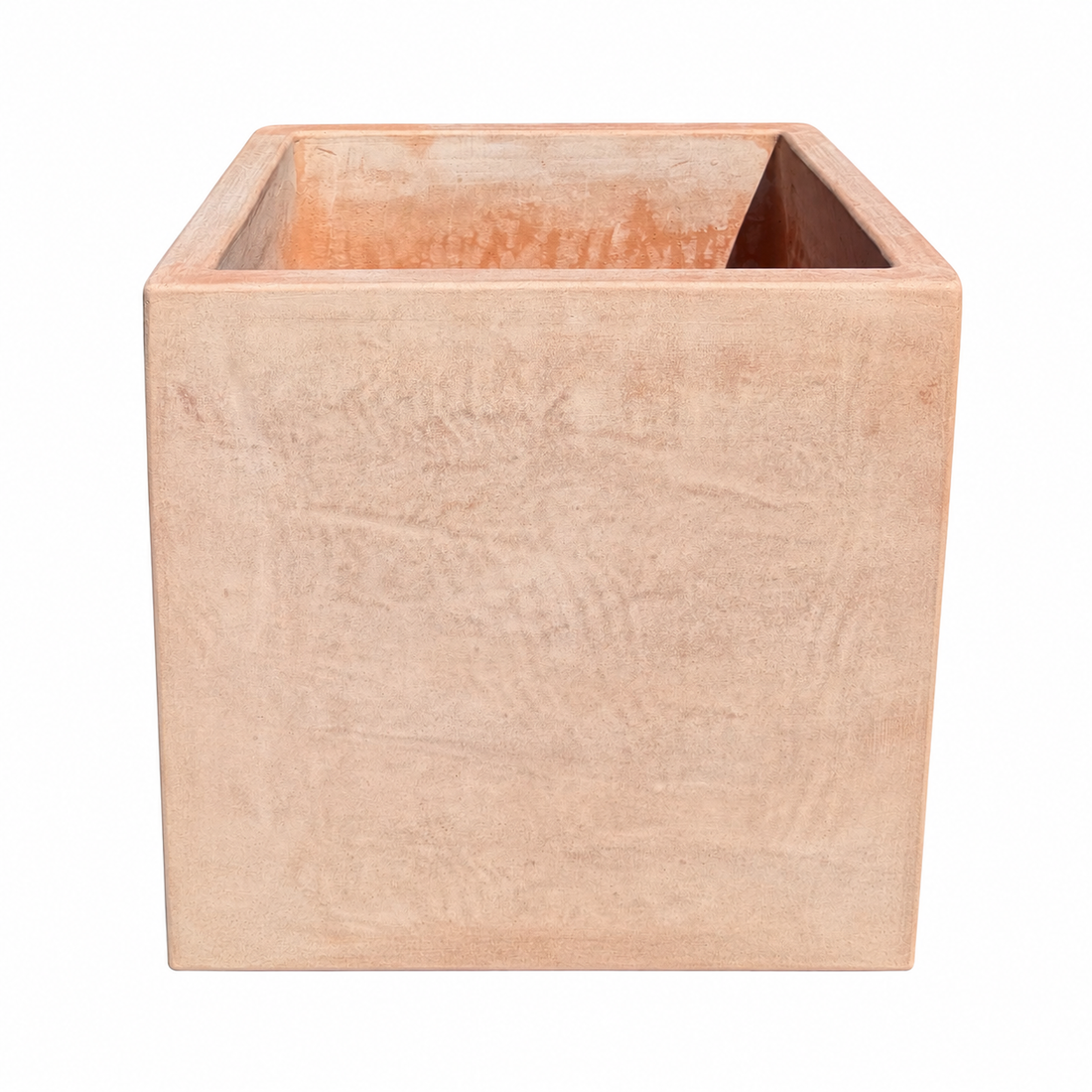 A square terracotta planter with a textured, matte finish in a warm sandy beige color, shown from a front three-quarter angle on a white background.