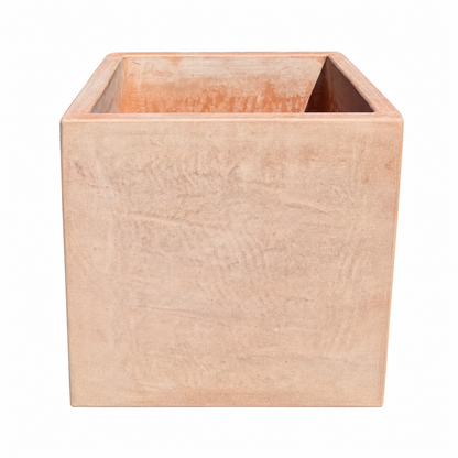 A square terracotta planter with a textured, matte finish in a warm sandy beige color, shown from a front three-quarter angle on a white background.
