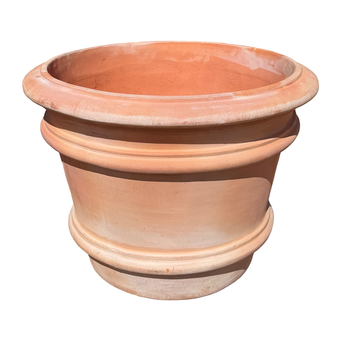 A classic terracotta planter with a wide flared rim and decorative horizontal ridges, shown against a plain white background.