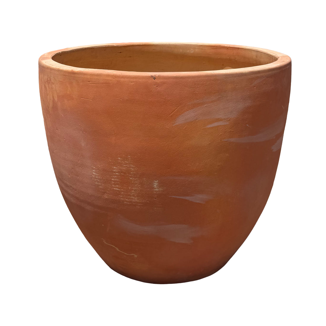 A terracotta planter with a wide, rounded shape and a rustic, hand-textured finish, shown against a plain white background.