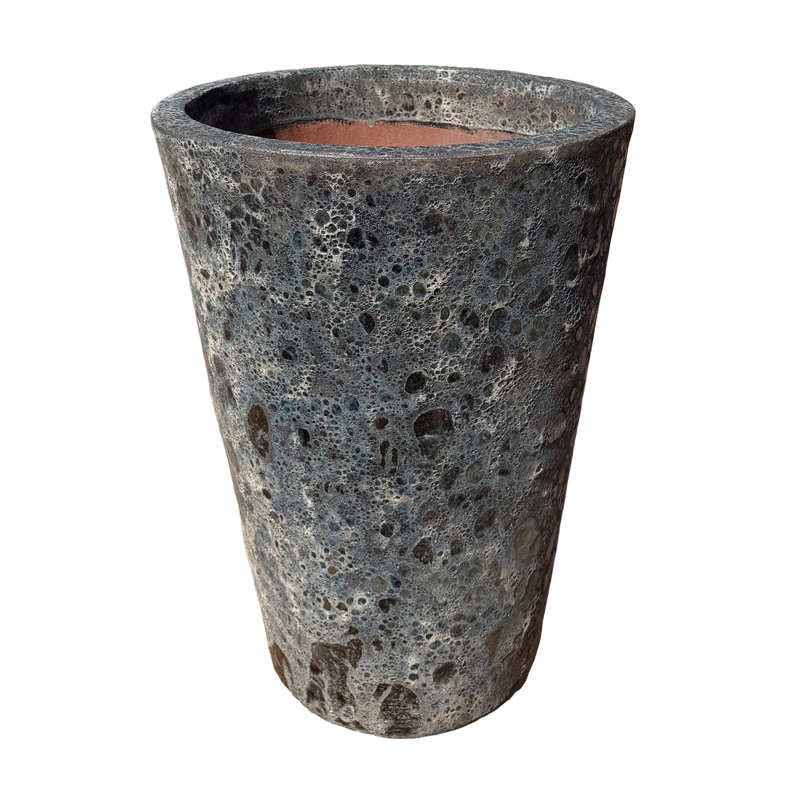 Slightly angled view of a tall, tapered planter with a highly textured, porous, and bubbled surface resembling volcanic rock, shown against a plain white background.