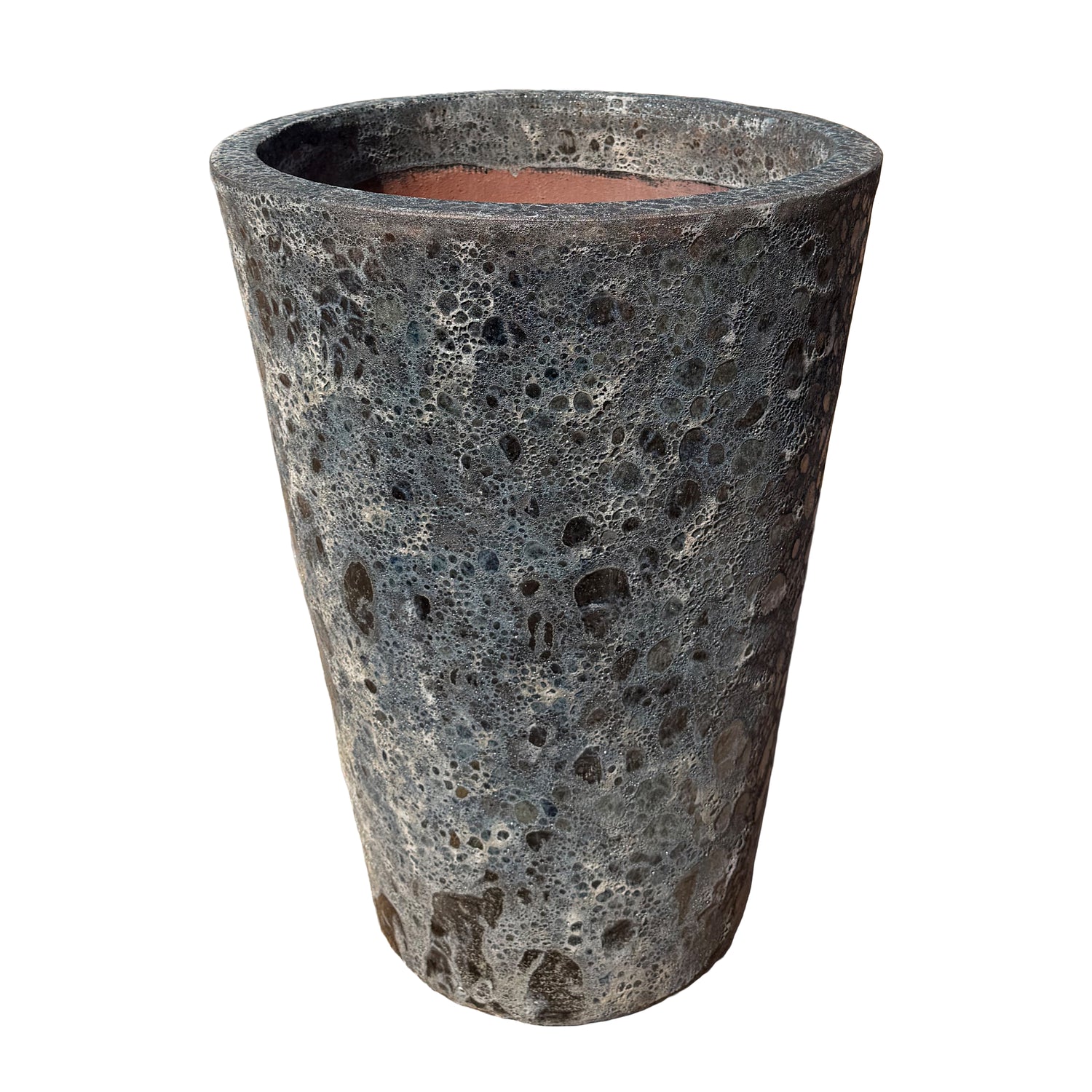 Slightly angled view of a tall, tapered planter with a highly textured, porous, and bubbled surface resembling volcanic rock, shown against a plain white background.