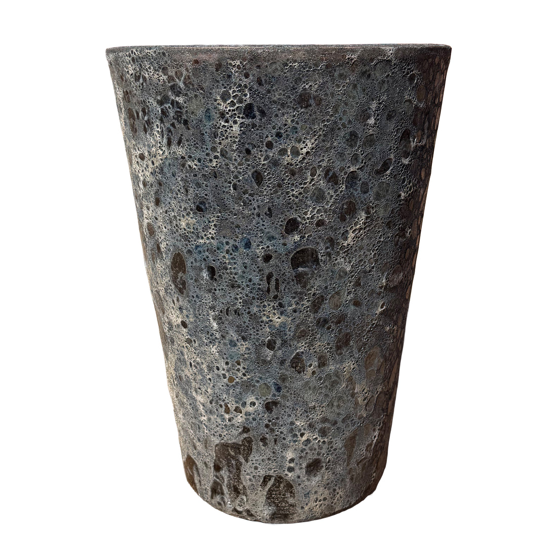 Front view of a textured, tapered planter pot with a highly porous, bubbled surface and a dark charcoal gray finish, shown against a plain white background.