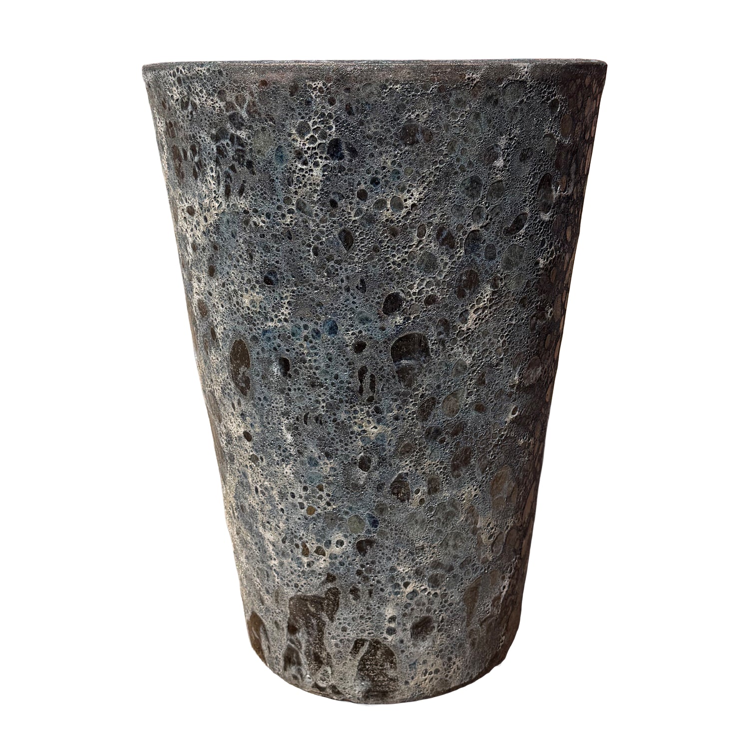 Front view of a textured, tapered planter pot with a highly porous, bubbled surface and a dark charcoal gray finish, shown against a plain white background.