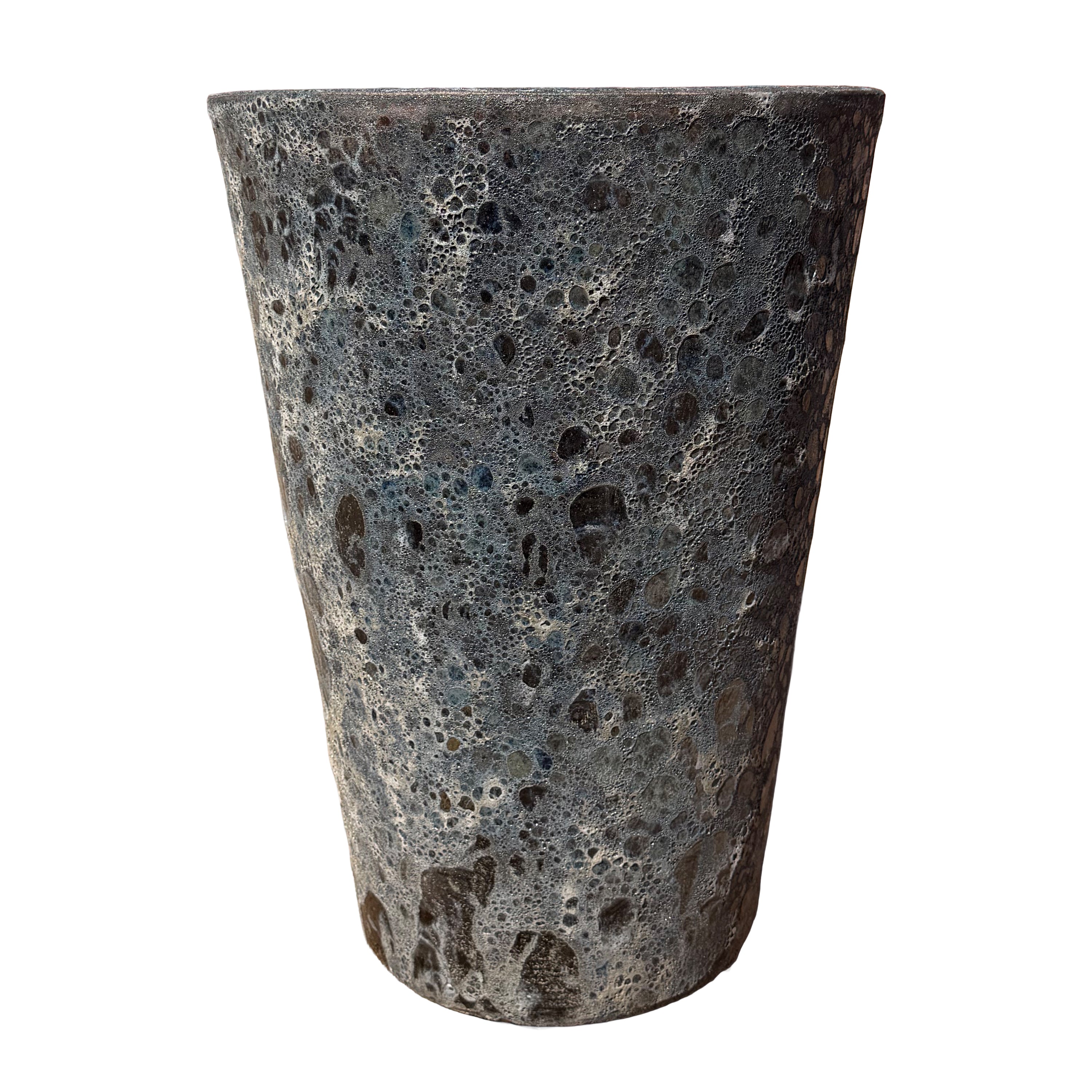 Front view of a textured, tapered planter pot with a highly porous, bubbled surface and a dark charcoal gray finish, shown against a plain white background.