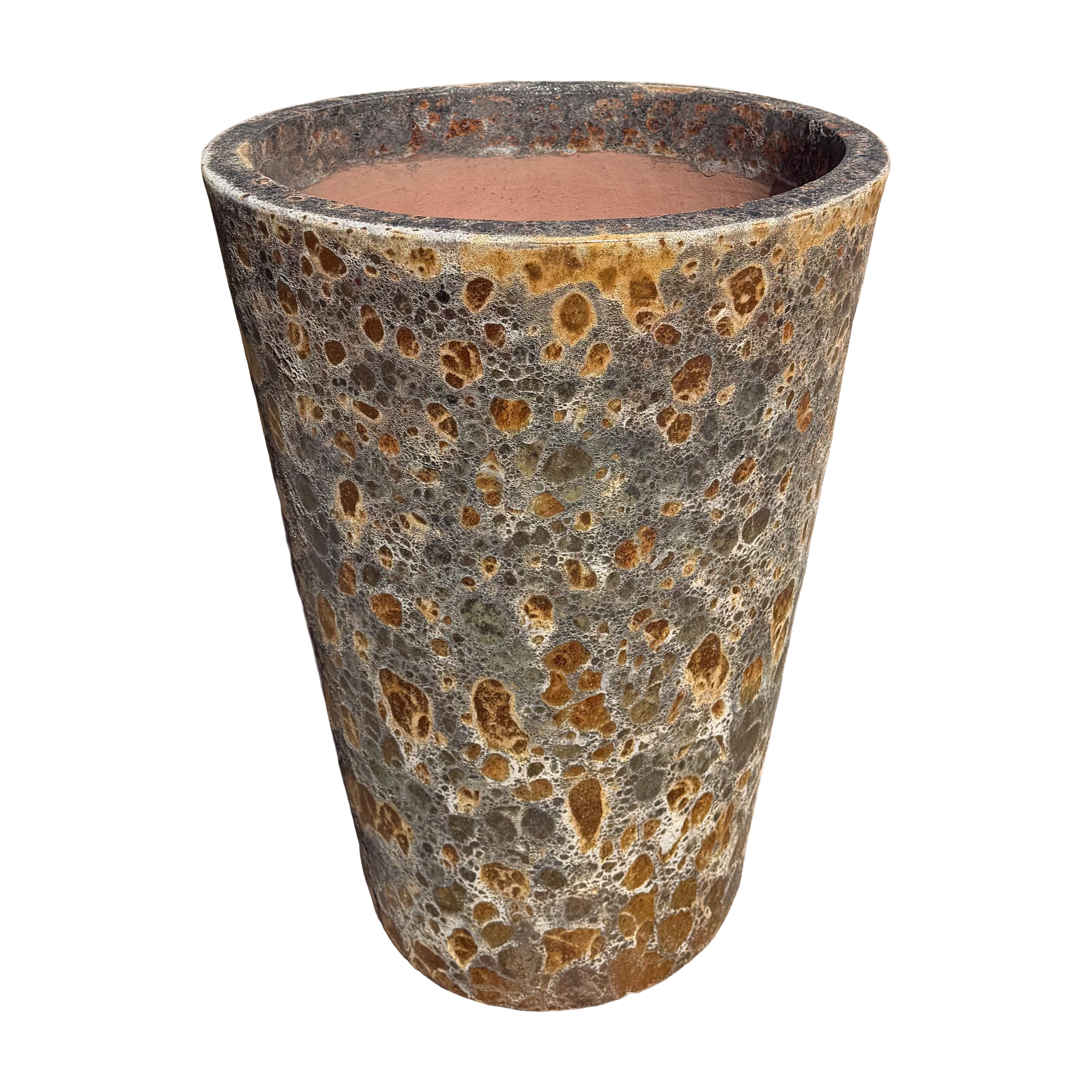 Slightly angled view of our Atlantic Rustic tall tapered cylinder planter showcasing the rustic finish and elegant tapered silhouette