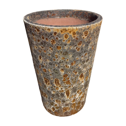 Slightly angled view of our Atlantic Rustic tall tapered cylinder planter showcasing the rustic finish and elegant tapered silhouette