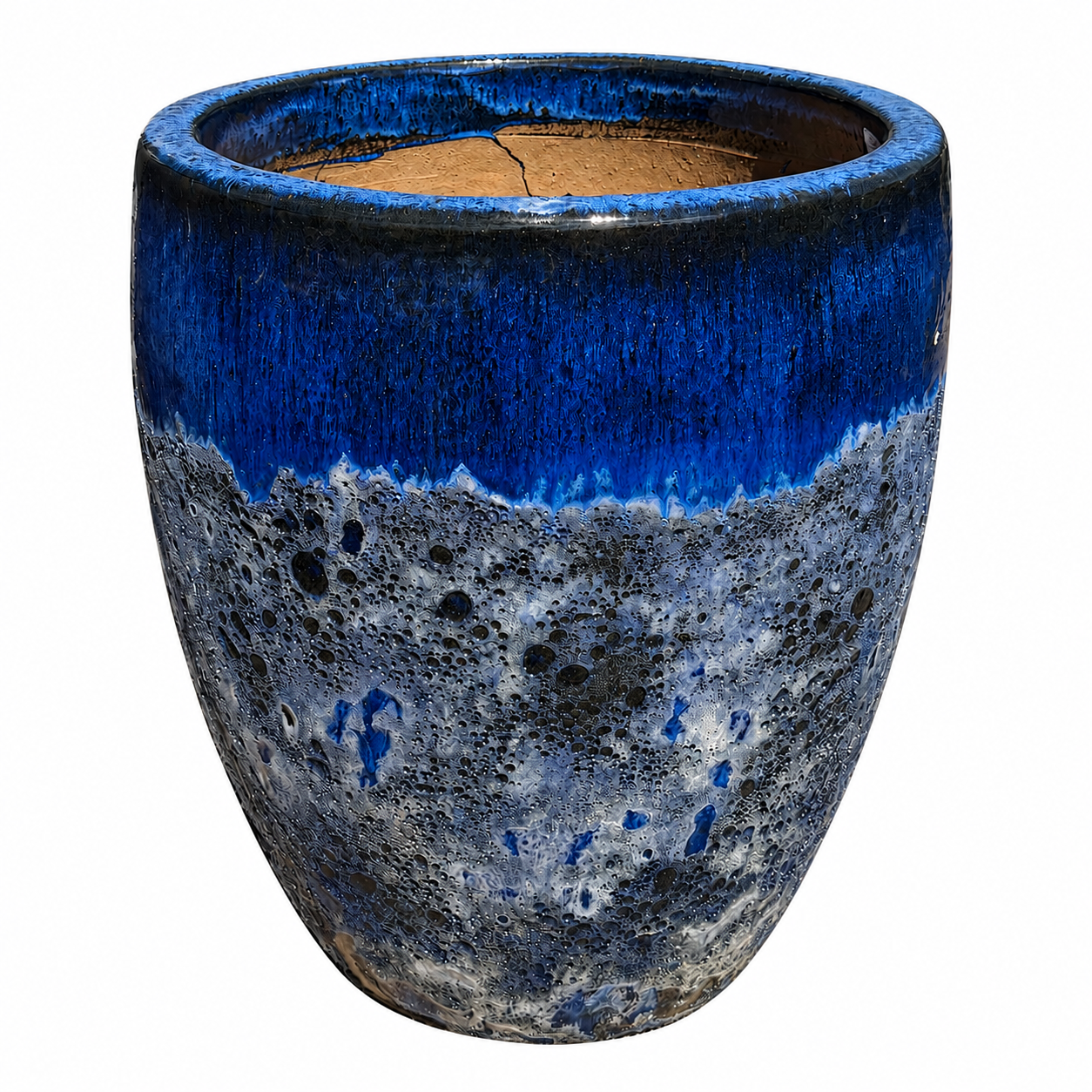 A ceramic planter with a textured, porous glaze in deep blue and black on the top half, transitioning to a speckled blue, white, and gray pattern on the bottom half, set against a plain white background.