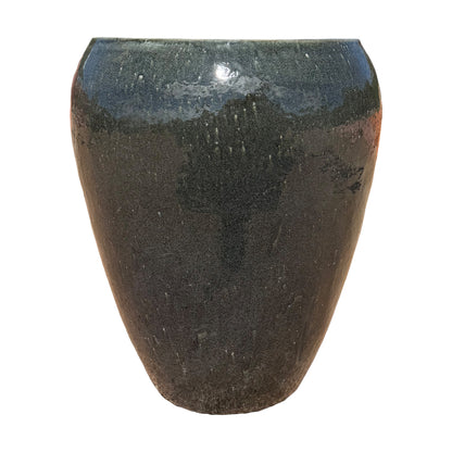 A dark, gray ceramic pot with a speckled finish, shown against a plain white background.