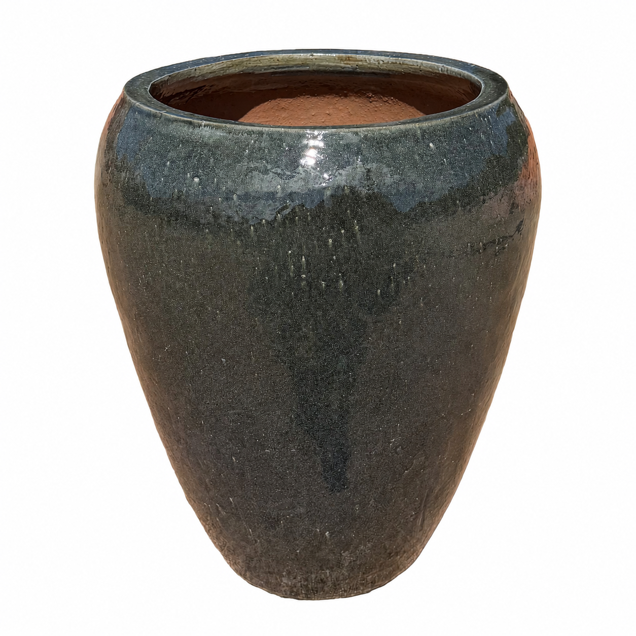 A dark glazed ceramic planter with a rounded, teardrop-shaped silhouette, featuring a textured gray finish, shown on a plain white background.