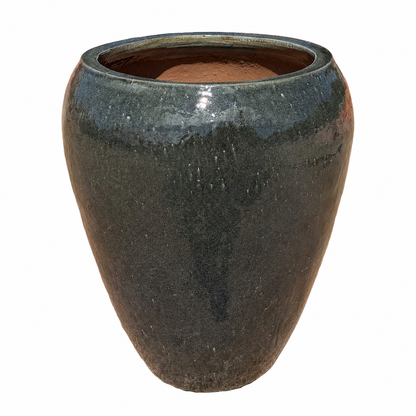 A dark glazed ceramic planter with a rounded, teardrop-shaped silhouette, featuring a textured gray finish, shown on a plain white background.