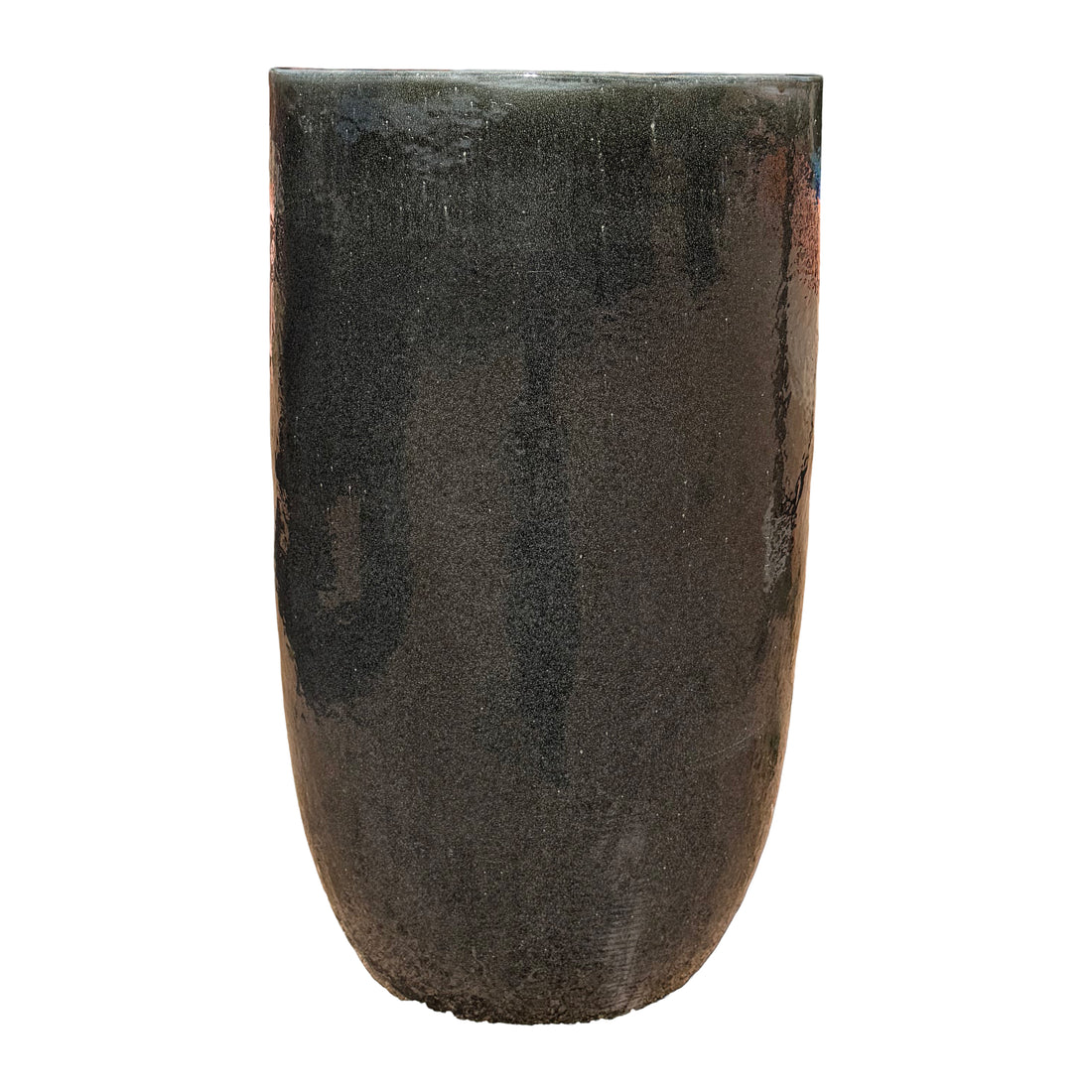 A tall, dark gray ceramic planter with a glossy, speckled glaze and a tapered, rounded shape, shown against a plain white background.