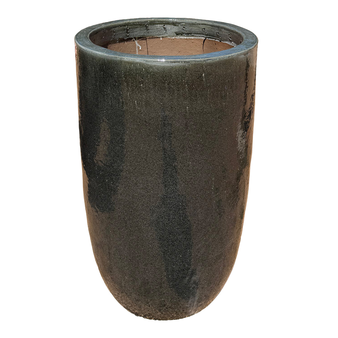A tall, dark gray ceramic planter pot with a glossy speckled finish, shown against a plain white background.
