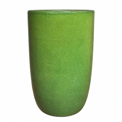 A green ceramic pot with a glossy finish, shown against a plain white background.