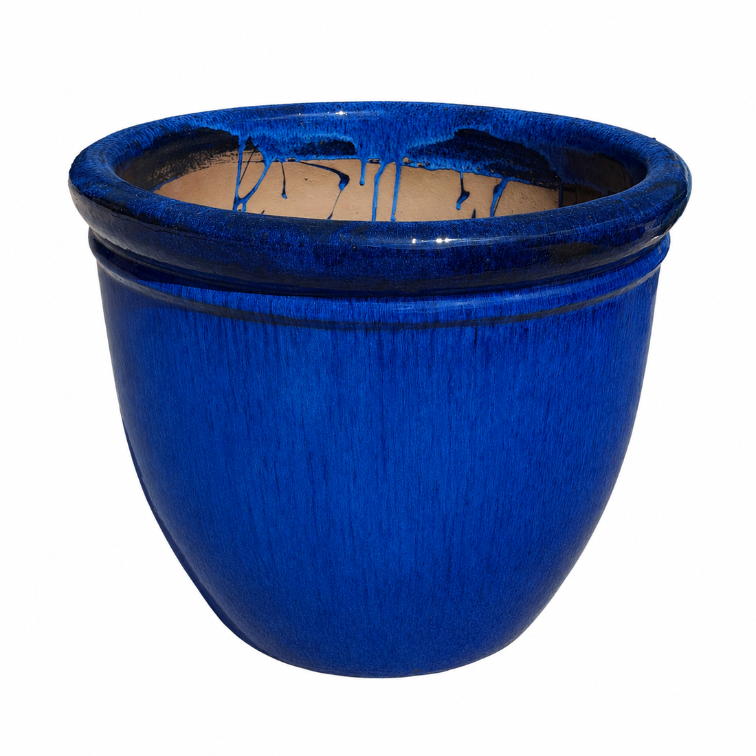 A large, round ceramic planter pot with a vibrant cobalt blue glaze and a wide, flared rim, shown against a plain white background.
