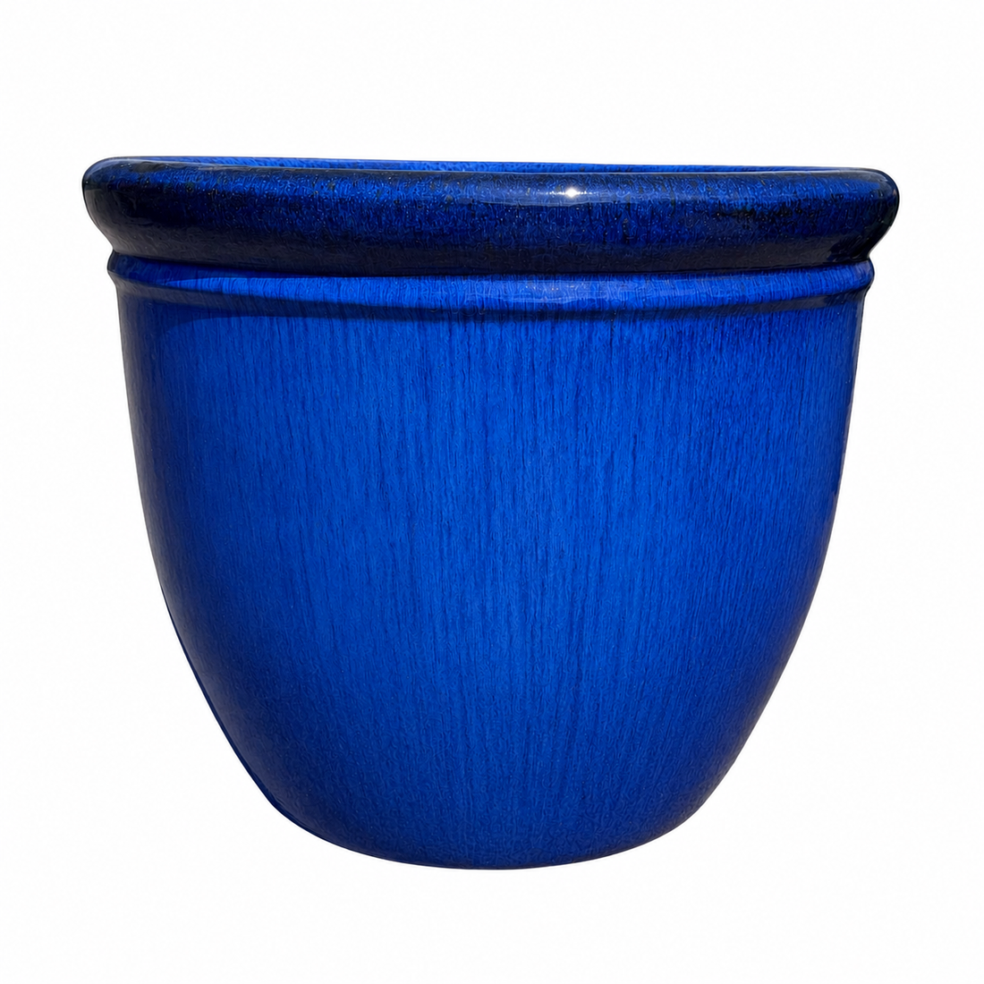 A cobalt blue glazed ceramic planter with a flared rim, shown against a plain white background.