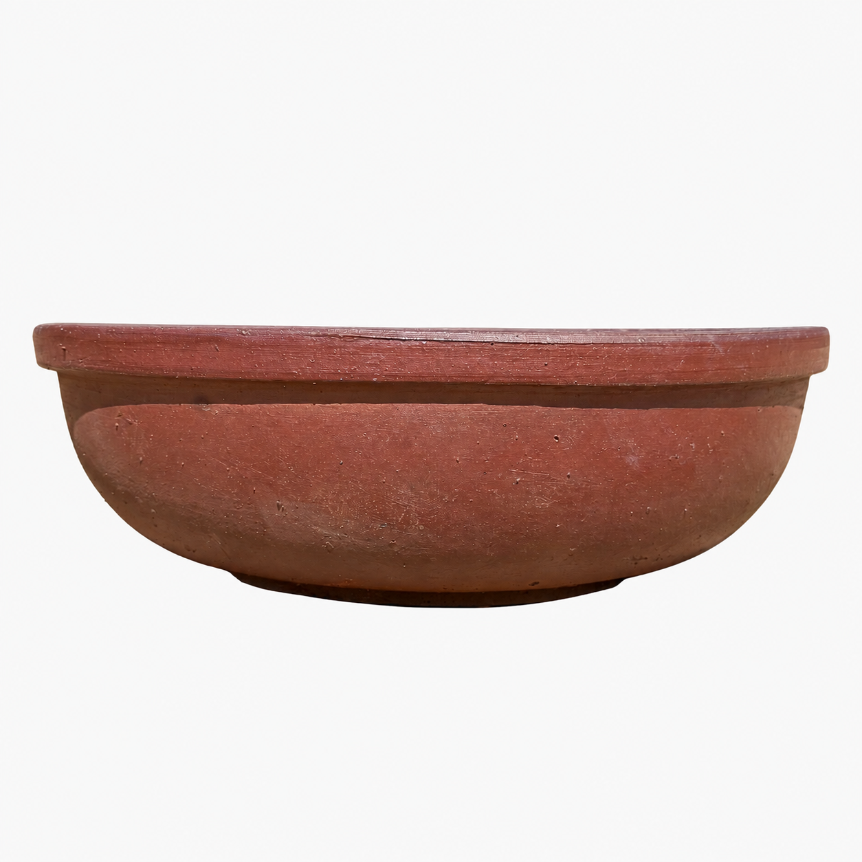 A clay planter with a wide, slightly flared rim, shown against a plain white background.