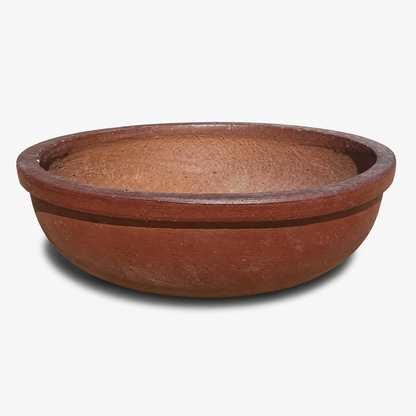 A round clay planter bowl with a textured matte brown finish, shown on a plain white background.