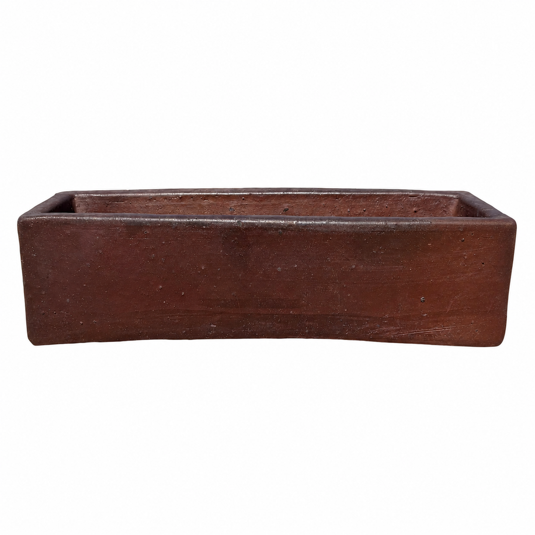 Slightly angled view of a rectangular planter made of dark brown textured clay, shown against a plain white background.