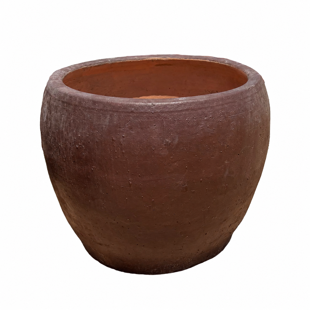 Slightly angled view of a rustic clay planter pot with a wide, rounded shape and a textured, matte finish, shown on a plain white background.