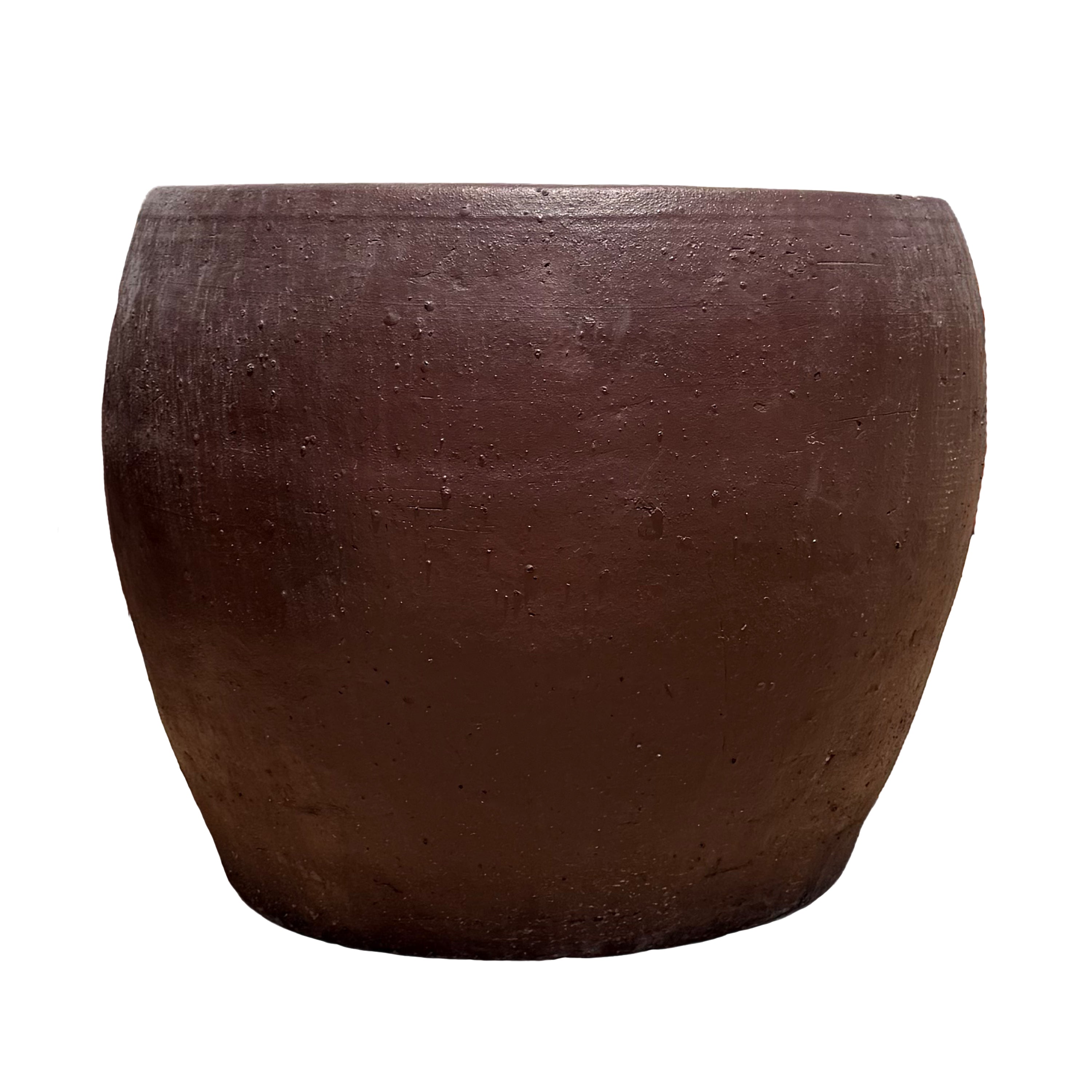 Front view of a large, round, brown textured clay planter on a solid white background.