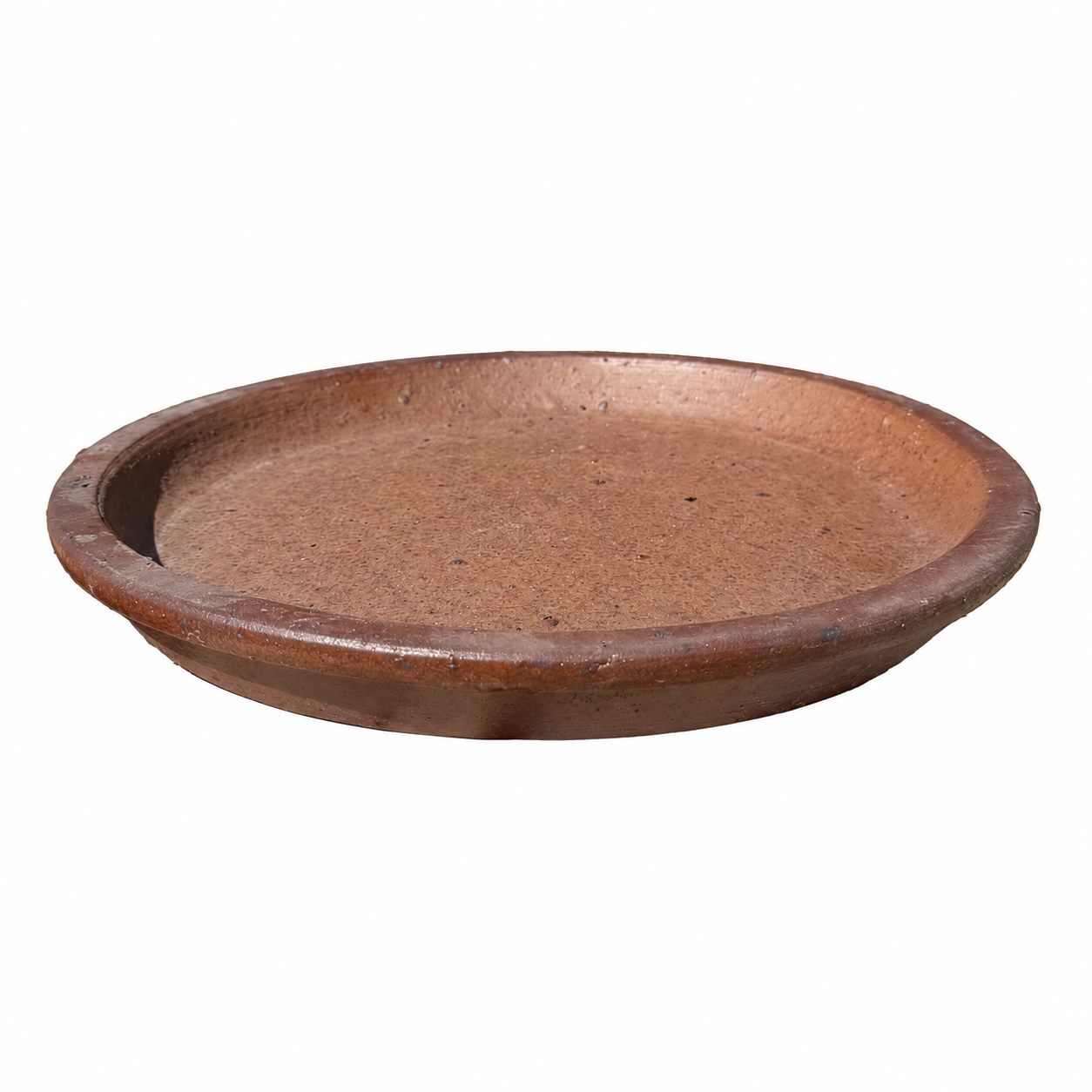 A round, shallow brown clay planter with a rustic, textured finish, shown against a plain white background.