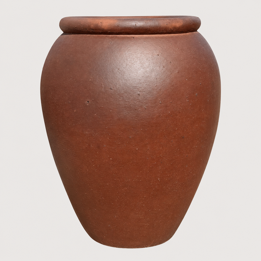 A large, brown jar-shaped pot with a wide rim, shown against a plain light gray background.