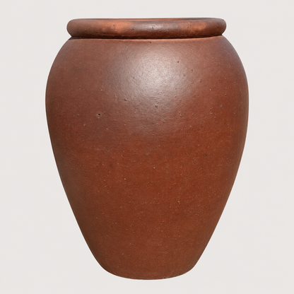 A large, brown jar-shaped pot with a wide rim, shown against a plain light gray background.
