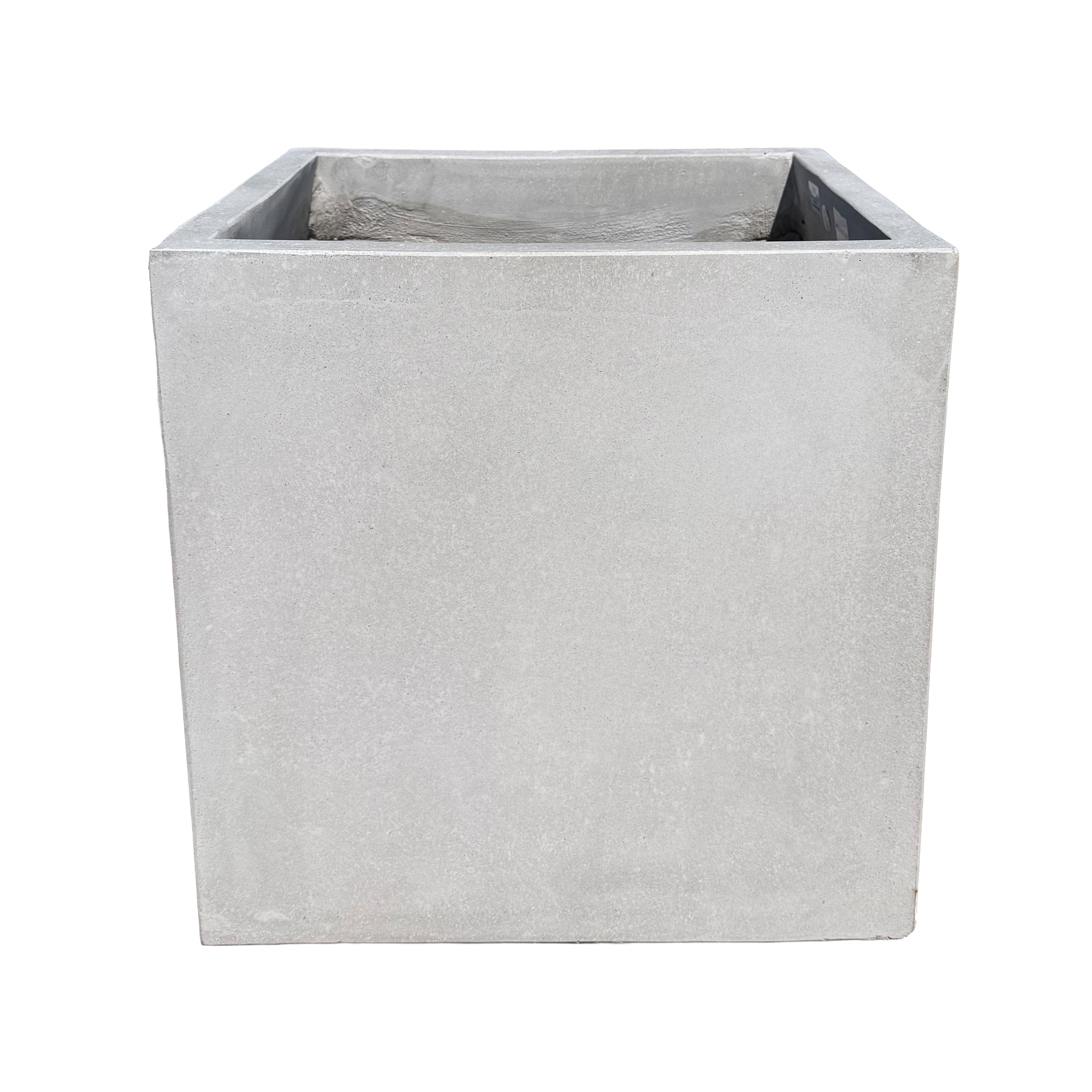 A square fiberstone planter with a light gray finish, shown from a front three-quarter angle on a solid white background.