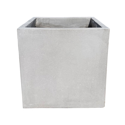 A square fiberstone planter with a light gray finish, shown from a front three-quarter angle on a solid white background.