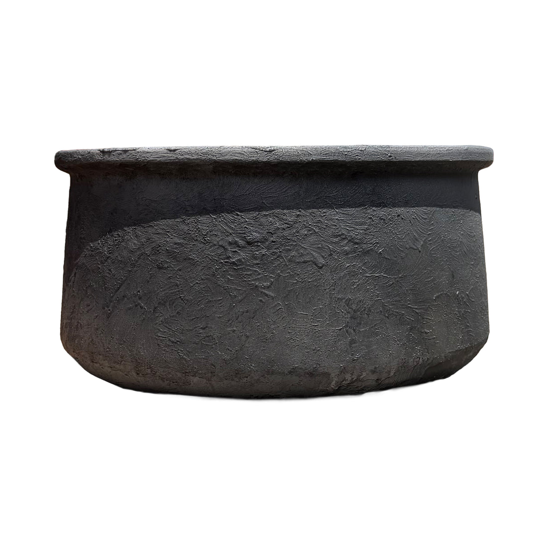 A textured gray planter with a wide rim, shown against a plain white background.