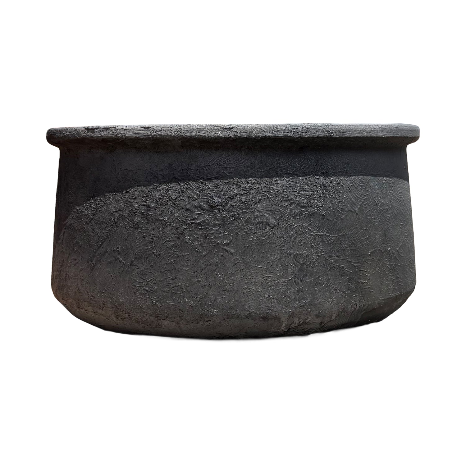 A textured gray planter with a wide rim, shown against a plain white background.