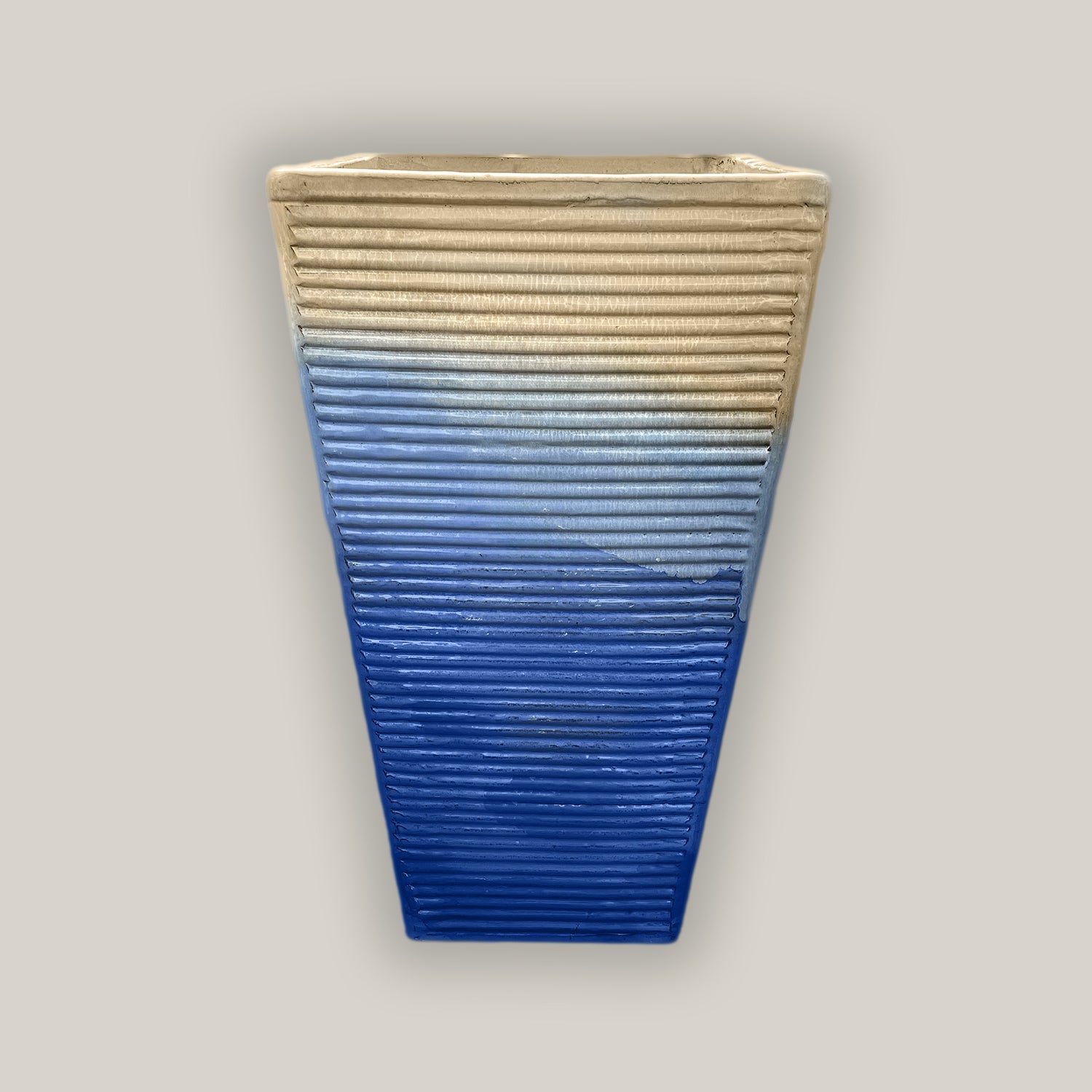 297M58 - Cream/Blue Horizontal Line Ceramic Square Planter